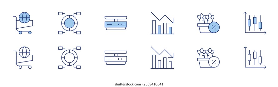 Market icon set in two styles, Duotone and Thin Line style. Editable stroke. shopping cart, trend, carrot, candlestick chart, circular chart, food scale.