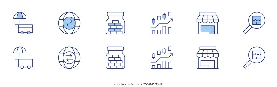 Market icon set in two styles, Duotone and Thin Line style. Editable stroke. stock market, street market, trade, saving money, store.