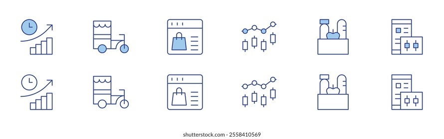 Market icon set in two styles, Duotone and Thin Line style. Editable stroke. market, stock market, supplies, trading, snack booth, review.