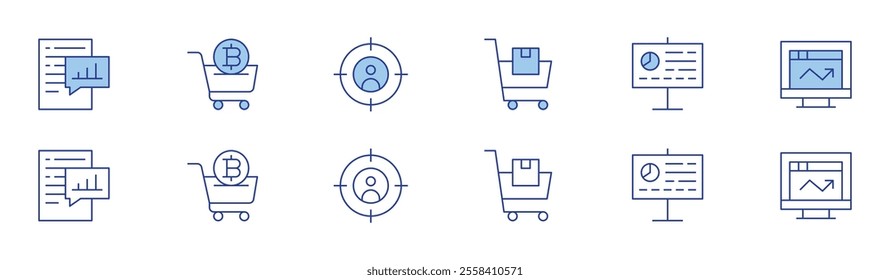 Market icon set in two styles, Duotone and Thin Line style. Editable stroke. analysis, cart, shopping cart, analytics, market analysis, focus.