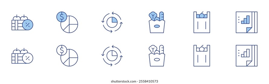 Market icon set in two styles, Duotone and Thin Line style. Editable stroke. market, money management, shopping bag, pie chart, documents.