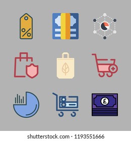 market icon set. vector set about shopping cart, shopping bag, money and tag icons set.