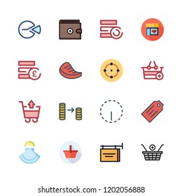 market icon set. vector set about shopping basket, target, coin stack and supermarkets icons set.