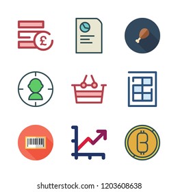 market icon set. vector set about shopping basket, finance book, bars code and report icons set.
