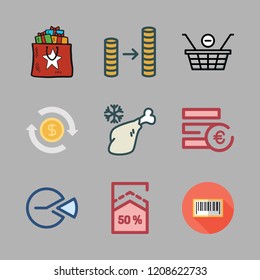 market icon set. vector set about shopping bag, coin stack, pie chart and percentage icons set.