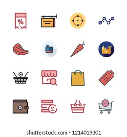 market icon set. vector set about meat, wallet, shopping bag and line chart icons set.