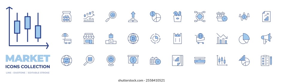 Market icons collection. Line Duotone style, editable stroke. world, market, street market, trade, podium, economy, shopping bag, pie chart, store, documents, location pin.