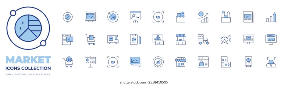 Market icons collection. Line Duotone style, editable stroke. analysis, cart, customer, store, market analysis, stocks, shopping cart, analytics, food truck, report, market.