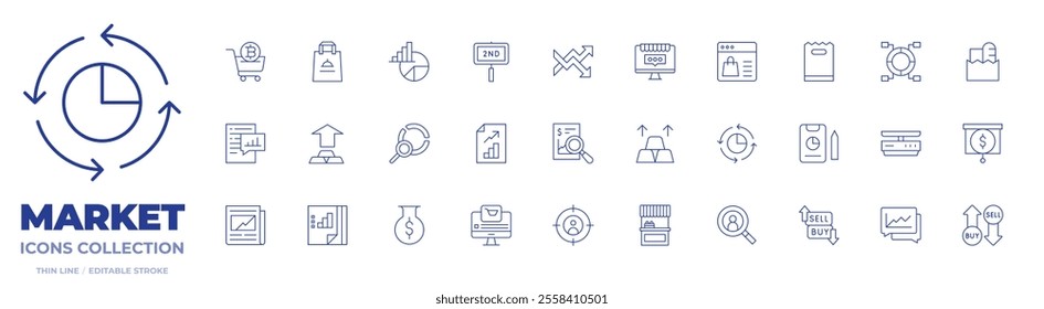 Market icons collection. Thin Line icons, editable stroke. analysis, bag, cart, gold, pie chart, profits, research, second hand, chart, ecommerce, paper bag, report, review.