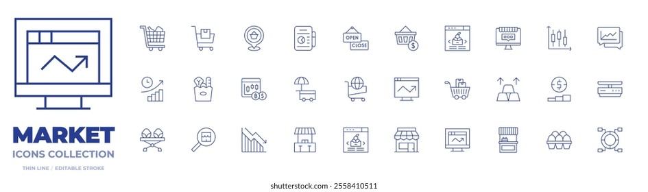 Market icons collection. Thin Line icons, editable stroke. shopping trolley, shopping cart, market, tablet, shopping bag, stock exchange, street market, location pin, signboard.