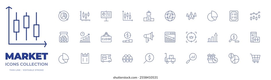 Market icons collection. Thin Line icons, editable stroke. analytics, candlestick chart, close, growth, megaphone, podium, stock market, trade, market, saving money, time to market.