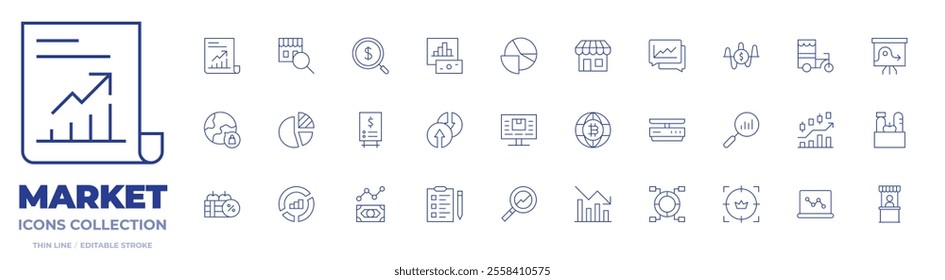 Market icons collection. Thin Line icons, editable stroke. market research, pie chart, store, world, data analysis, global market, price list, research, search, stocks, trading.