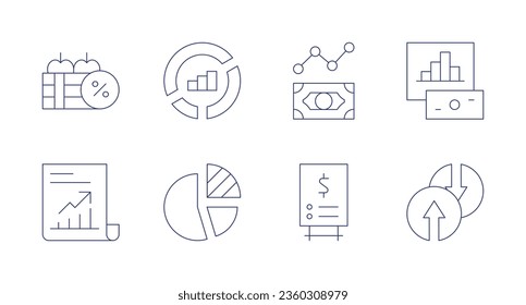 Marktsymbole. bearbeitbarer Strich. Enthält Markt, Datenanalyse, Marktanalyse, Geld, Kuchen-Diagramm, Preisliste, Aktien, Handel.