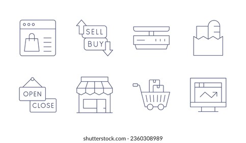 Iconos del mercado. trazo editable. Conteniendo la escala de alimentos, la bolsa de comestibles, el mercado, el análisis de mercado, la revisión, venta y compra, la señalización, la tienda.