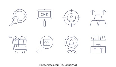 Marktsymbole. bearbeitbarer Strich. Mit Fokus, Gold, Location Pin, Markt, Forschung, gebraucht, Einkaufswagen, Geschäft.
