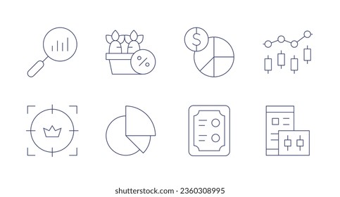 Market icons. editable stroke. Containing analytics, carrot, customer, money management, pie chart, price list, stock market, trading.