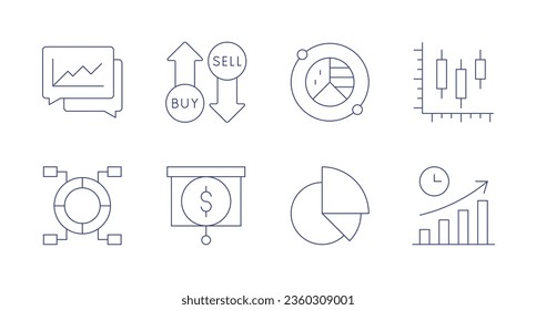 Iconos del mercado. trazo editable. Con análisis, compra, gráfico circular, economía, mercado, gráfico circular, mercado de valores, tiempo de salida al mercado.