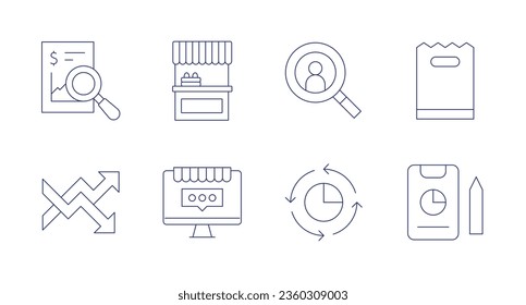 Market icons. editable stroke. Containing analysis, booth, chart, ecommerce, market research, paper bag, pie chart, report.