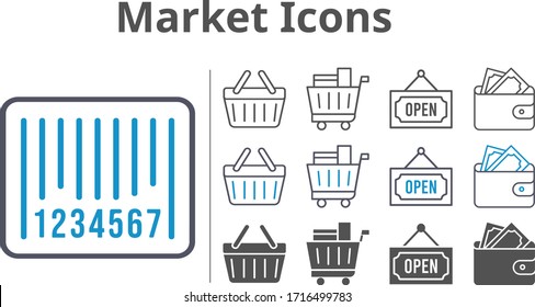 market icons icon set included wallet, shopping cart, shopping-basket, barcode, shopping basket, open icons