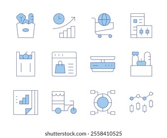 Market icons. Line Duotone style, editable stroke. shopping cart, market, stock market, supplies, trading, shopping bag, snack booth, circular chart, food scale, review, documents.