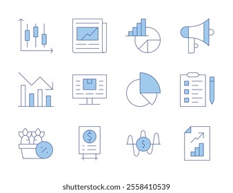 Market icons. Line Duotone style, editable stroke. financial, pie chart, wishlist, megaphone, frequency, market research, trend, price list, carrot, candlestick chart, profits.