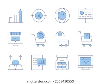 Market icons. Line Duotone style, editable stroke. analysis, cart, shopping cart, increase, street market, trade, analytics, market analysis, saving money, ecommerce, focus, gold.