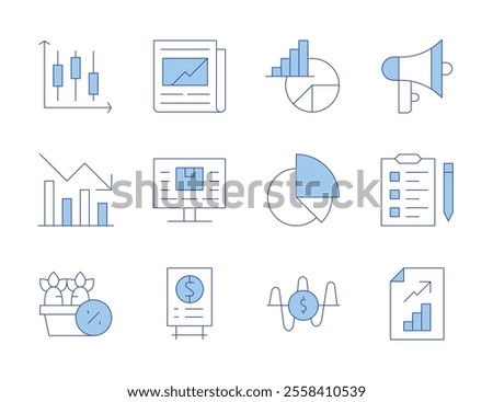 Market icons. Line Duotone style, editable stroke. financial, pie chart, wishlist, megaphone, frequency, market research, trend, price list, carrot, candlestick chart, profits.