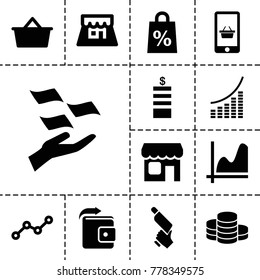 Market icons. set of 13 editable filled market icons such as coin, money on hand, nail gun, graph, shopping sale, shopping bag, line graph, shop, wallet
