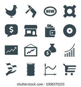 Market icons. set of 16 editable filled market icons such as chicken, money on hand, graph, shopping cart, new, store, money bag, line graph, wallet, nail gun, target