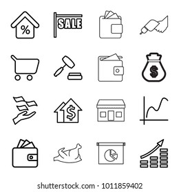 Market icons. set of 16 editable outline market icons such as money on hand, wallet, shopping cart, sale, graph, money growth, dolar growth, mortgage, auction, chicken, wallet