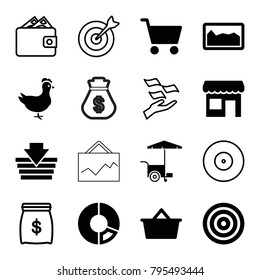 Market icons. set of 16 editable filled and outline market icons such as shopping basket, fast food cart, pie chart, target, shopping bag, shopping cart, store, money on hand