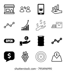 Market icons. set of 16 editable filled and outline market icons such as hand on coin, line graph, open, grape, store, lot price, graph on hand, user communication
