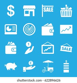 Market icons set. set of 16 market filled icons such as pig, Coin, Wallet, graph, fast food cart, line graph, chart on display, store, target, sale, shopping bag, coin on hand