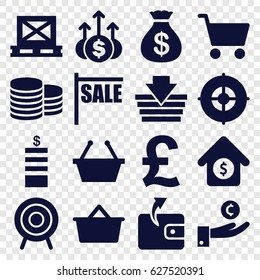 Market icons set. set of 16 market filled icons such as Coin, Money sack, Wallet, cargo on palette, target, house sale, shopping cart, shopping bag, money up, shopping basket