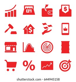 Market icons set. set of 16 market filled icons such as store, wallet, money on hand, graph, barrel, line graph, shop, auction, target, percent, envelope with dollar bill
