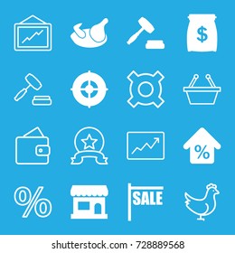 Market icons set. set of 16 market filled and outline icons such as chicken, mortgage, auction, target, store, money sack, wallet, graph, line graph, sale, shopping basket