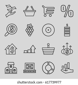 Market icons set. set of 16 market outline icons such as grape, Coin, money on hand, cargo on palette, building, graph, search dollar, graph on hand, shopping basket