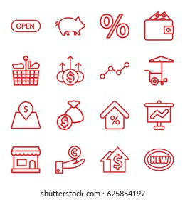 Market icons set. set of 16 market outline icons such as pig, fast food cart, line graph, lot price, mortgage, open, new, wallet, money up, hand on coin, dolar growth