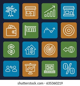 Market icons set. set of 16 market outline icons such as coin, wallet, cargo on palette, graph, store, user communicatrion, target, sale, coin, money tree, dolar growth
