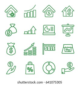 Market icons set. set of 16 market outline icons such as graph, home search, house sale, shop, chart on display, money sack, sale, coin on hand, pie chart, money growth