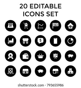 Market icons. set of 20 editable filled market icons such as pig, store, graph, pie chart, house sale, shop, building, medal. best quality market elements in trendy style.