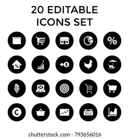 Market icons. set of 20 editable filled market icons such as chicken, shopping cart, coin, graph, fast food cart, pie chart. best quality market elements in trendy style.