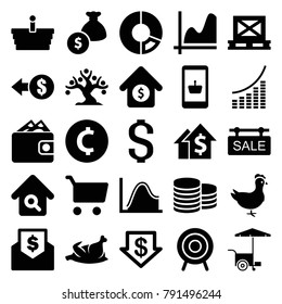 Market icons. set of 25 editable filled market icons such as coin, dollar down, coin, online shopping, graph, fast food cart, shopping cart, pie chart, dolar growth
