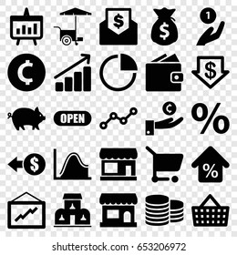 Market icons set. set of 25 market filled icons such as pig, store, coin, dollar down, graph, fast food cart, line graph, pie chart, mortgage, building, open, chart