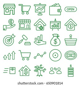 Market icons set. set of 25 market outline icons such as store, coin, money sack, line graph, home search, house sale, shop, auction, open, shopping cart, target, graph, chart