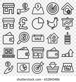 Market icons set. set of 25 market outline icons such as chicken, wallet, coin, cargo on palette, pie chart, home search, sale tag, lot price, shop, target, graph
