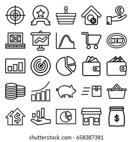 Market icons set. set of 25 market outline icons such as pig, coin, wallet, graph, cargo on palette, home search, shopping cart, target, graph on hand, shopping basket, new