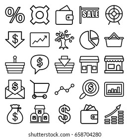 Market icons set. set of 25 market outline icons such as wallet, coin, money sack, dollar down, wallet, graph, line graph, target, building, search dollar, shopping basket