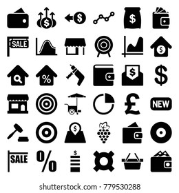 Market icons. set of 36 editable filled market icons such as grape, wallet, coin, sale, coin, graph, fast food cart, illustrgeneric currencyation, pound, target, store