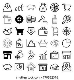 Market icons. set of 36 editable outline market icons such as target, shopping cart, store, pig, chicken, coin, money sack, dollar down, graph, coin on hand, pie chart, sale